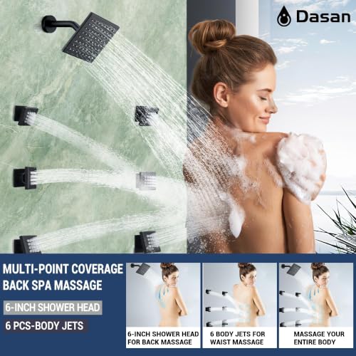 Dasan Thermostatic Dual Shower System with 6 Body Jets, 6-Inch Shower & 16” Rainfall Shower, Luxury Matte Black Shower Faucet Set Rain Shower System for Couples/ 2-Person - color: Matte Black