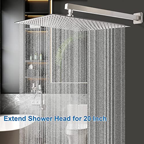 Shower Head with Extension Arm, High Pressure Square with ShowerArm, Stainless Steel Rainfall-Waterfall Full Body Coverage (16'' Shower with 20'' Arm, Brushed Nickel) - color: Brushed Nickel, size: 16'' Shower with 20'' Arm