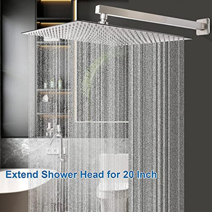 Shower Head with Extension Arm, High Pressure Square with ShowerArm, Stainless Steel Rainfall-Waterfall Full Body Coverage (16'' Shower with 20'' Arm, Brushed Nickel) - color: Brushed Nickel, size: 16'' Shower with 20'' Arm