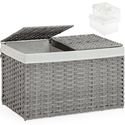 SETVSON Storage Basket with Lid PE Rattan 27.8 Gal Wicker Chest, Gray | 105L Woven Wicker Baskets with 2 Separate Lids, 2 Removable, washable linings, Sturdy Iron Frame, 25.2 x 15.4 x 16.1 Inches - color: Gray, size: 105L-25.2L*15.4W*16.1H