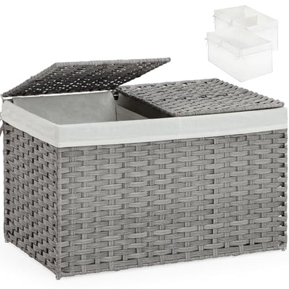 SETVSON Storage Basket with Lid PE Rattan 27.8 Gal Wicker Chest, Gray | 105L Woven Wicker Baskets with 2 Separate Lids, 2 Removable, washable linings, Sturdy Iron Frame, 25.2 x 15.4 x 16.1 Inches - color: Gray, size: 105L-25.2L*15.4W*16.1H