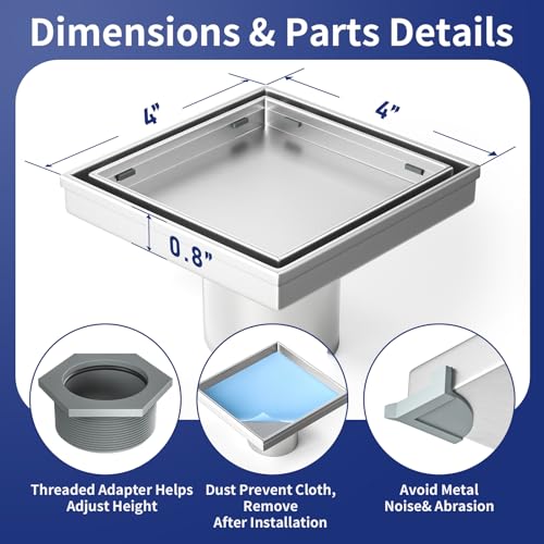 Square Shower Drain, 304 Stainless Steel Floor Drain 4" | with Tiled Insert Grate & Hair Strainer, Bathroom 2-in-1 Tiled in Drain, CUPC Certified - color: Brushed, size: 4''