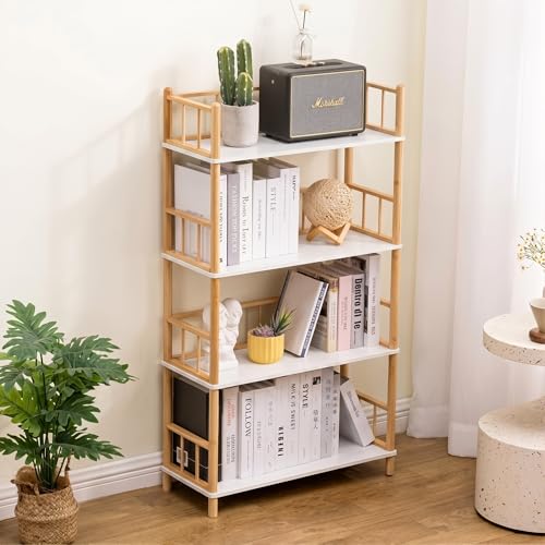 4-Tier Expandable Freestanding Open Bamboo Book Shelf - No-Tool Assembly & Modular,Bathroom Storage Shelf Unit Plant Stand for Small Space, Bedroom, Living Room, Home Office (White, 4-Tier WithRail) - color: White 4-tier-2