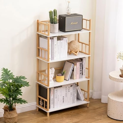 4-Tier Expandable Freestanding Open Bamboo Book Shelf - No-Tool Assembly & Modular,Bathroom Storage Shelf Unit Plant Stand for Small Space, Bedroom, Living Room, Home Office (White, 4-Tier WithRail) - color: White 4-tier-2