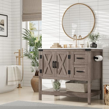 AMERLIFE 36" Gray Farmhouse Bathroom Vanity with Sink and 2 Drawers | Light Gray, Single Solid White Integrated Top, Moisture-Resistant MDF, 2 X-Panel Doors, 2 Drawers, Open Shelf, Towel Holder - color: Light Gray, size: 36”