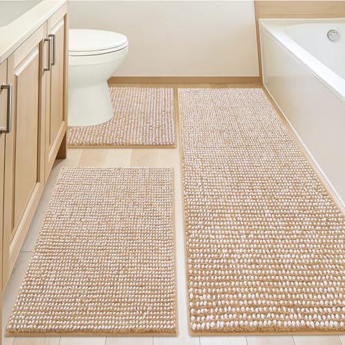 3 Piece Luxury Chenille Bathroom Rugs Non Slip, Extra Soft Absorbent Striped Bath Mats for Bathroom, Machine Washable Quick Dry Shower Floor Rug, Home Decor Accessories, Beige & White - color: Beige & White, size: 24" x17" + 48" x20" + U Shape 24" x20"
