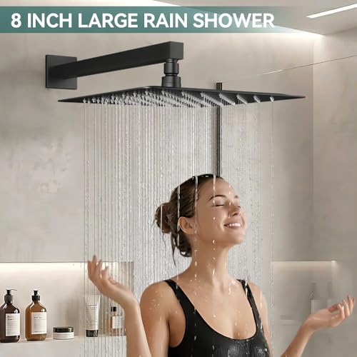 STARBATH Shower Faucet Set Shower System with Diverter Valve, Matte Black | 8" Wall Mount Rain Shower Head and Handheld Spray for Two Person, Shower Set with Valve and Trim Kit Complete - color: Matte Black, size: 8"-01