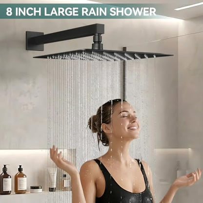 STARBATH Shower Faucet Set Shower System with Diverter Valve, Matte Black | 8" Wall Mount Rain Shower Head and Handheld Spray for Two Person, Shower Set with Valve and Trim Kit Complete - color: Matte Black, size: 8"-01
