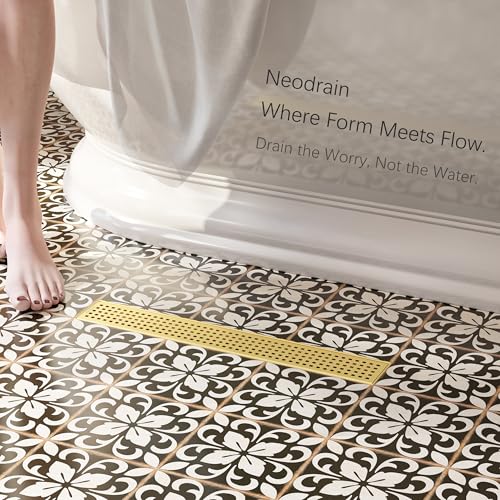 Neodrain 18" Linear Shower Drain, Gold 304 SS Bathroom Linear Drain,cUPC | Gold Shower Drain with Quadrato Grate& Adjustable Feet, Long Rectangle Shower Floor Drain in Bathroom, Balcony etc - color: Golden, size: 18 In