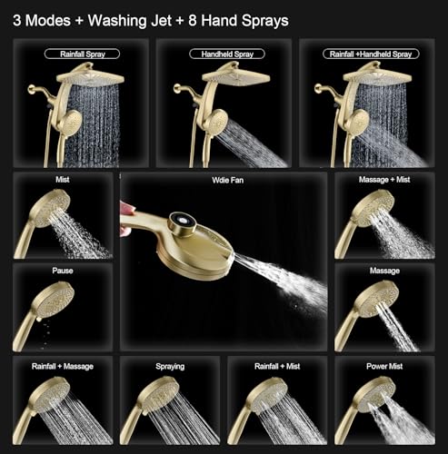 12" High Pressue Rain Shower Head with Handheld, 9 Sprays Hand Showerhead | Shower Heads with Handheld Spray Combo, Dual Head, Built-in Magnetic Docking, Power Jets, 59" Shower Hose, Gold 1.75GPM - color: Gold
