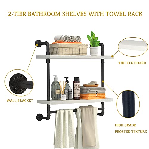 Helsin 24inch Industrial Pipe Shelving Bathroom Shelves Wall Mounted with Towel bar, 2 Tier Rustic Wood Floating Shelf, Metal Towel Rack Wall Shelf for Home & Bathroom (White, 24inch) - color: White, size: 24inch
