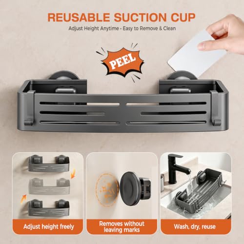Lekesky Suction Cup Shower Caddy, No Drill Shower Shelf, Aluminum Rust Proof Bathroom Shower Organizer with 12 Hooks (2-Pack, Gunmetal Gray) - color: Gunmetal Grey