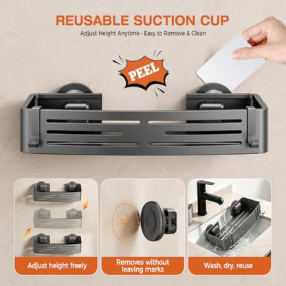 Lekesky Suction Cup Shower Caddy, No Drill Shower Shelves with a Towel Bar, Aluminum Rust Proof Bathroom Shower Organizer with 12 Hooks (2-Pack, Gunmetal Gray) - color: Gunmetal Grey1