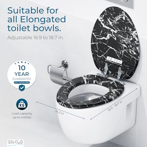 SANILO Wooden Toilet Seat with Soft Close [ELONGATED] - Decorative, Quiet & Slow Close Molded Wood Seat - With Strong Bumpers & Hinges - Adjustable Fit - Marble Black - color: Marble Black