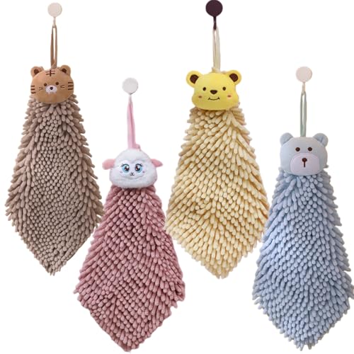 Ivymei 4 Pack Cute Animal Chenille Hand Towels Fuzzy Hanging Hand Towels with Loop for Bathroom Kitchen,Quick Dry Hand Bath Towels(mixcolor) - color: Mixcolor