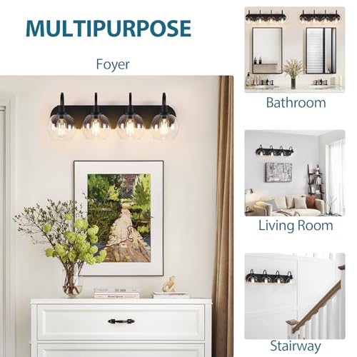 Dpyrrhic Industrial Bathroom Vanity Light， 4-Light Bathroom Lights Over Mirror with Clear Glass Globe Shade and Metal Base, Matte Black Bathroom Vanity Light Fixture - color: Black, size: 4-Light