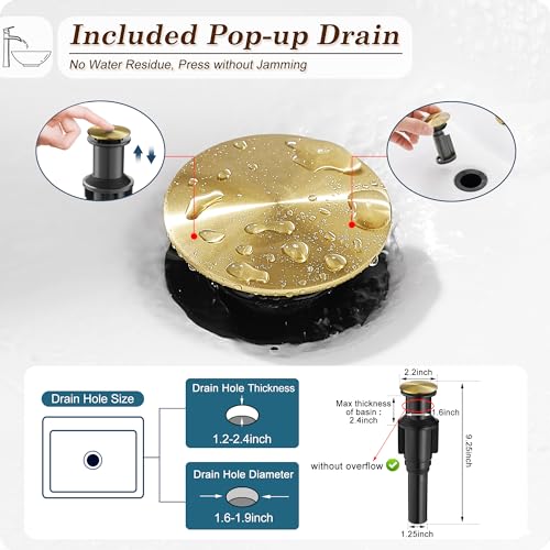 Brass Vessel Sink Faucets, Brushed Gold Tall Bathroom Faucet Single Handle, 1 Hole Bathroom Sink Faucet Waterfall Farmhouse Single Faucet Bathroom Sink with Pop-Up Drain & Pre-Installed Hoses - color: Brushed Gold - Elegant