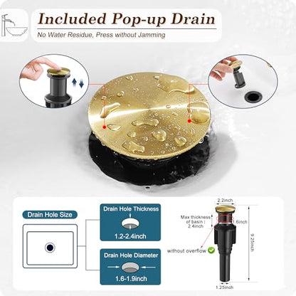 Brass Vessel Sink Faucets, Brushed Gold Tall Bathroom Faucet Single Handle, 1 Hole Bathroom Sink Faucet Waterfall Farmhouse Single Faucet Bathroom Sink with Pop-Up Drain & Pre-Installed Hoses - color: Brushed Gold - Elegant
