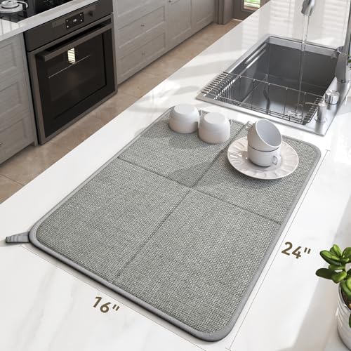 Dish Drying Mat for Kitchen Counter, Absorbent Dish Mat，Grey 16x24 | Ultra Absorbent & Fast Drying, Machine Washable Foldable Kitchen Drying Dry Pad for Countertops, Sinks, Draining Racks - size: 16" x 24"