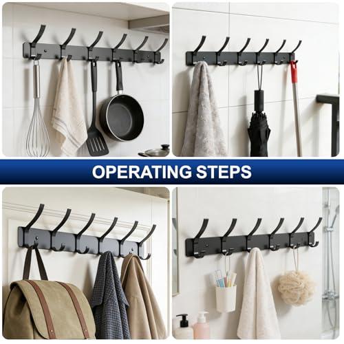 Wall Mounted Coat Rack, 6 Hooks for Hanging Clothes, Black, 2-Pack | Heavy duty rustproof hanger rail for backpacks hats towels, wall hook storage organizer for entryway bathroom mudroom purse