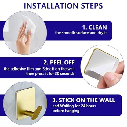 Gold Adhesive Wall Hooks 15LB Max Heavy Duty Sticky Hook Rustproof | 2" Stainless Hanger for Hanging Coat Towel Robe Hat for Bathroom Kitchen Shower RV Glass Wall, No Drilling Brushed Gold 4Pack - color: Sq- Brushed Gold