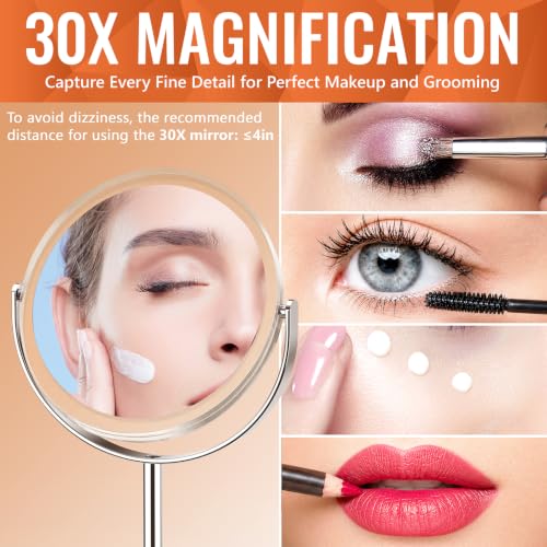 Auxmir 1X/30X Double-Sided Makeup Mirror, 8" Magnifying Mirror | 360°rotation, tweezers, vanity desk table stand travel, stainless steel and ABS construction, 30X magnification - color: 1x/30x-8 Inch