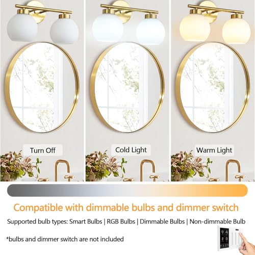 2 Light Bathroom Vanity Light, Gold Bathroom Light Fixtures Over Mirror, Mid Century Modern Wall Sconce with Frosted Globe Glass Shades, Brass Vanity Light, E26 Socket - color: Gold & Milky White Glass, size: 2-Light