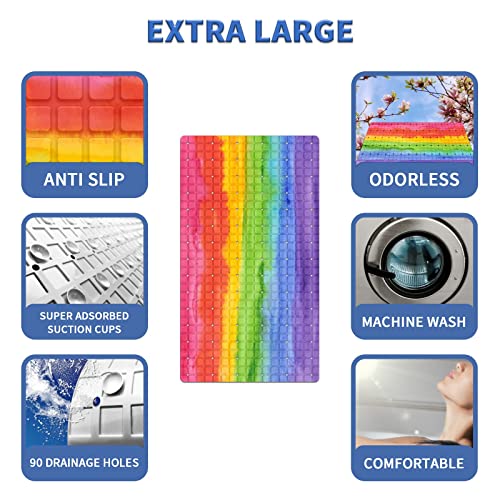 FCZ Bath Tub Mat Non Slip Shower Mat Watercolor Rainbow Tie Dye 26.8x15 inches Rectangular PVC Mat with Suction Cups Drain Holes Machine Washable - color: Watercolor Rainbow Tie Dye