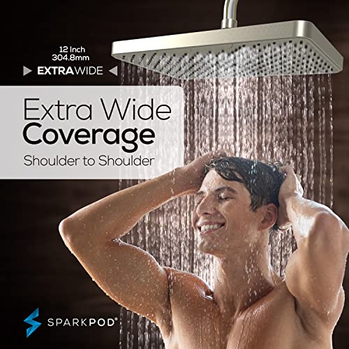 SparkPod 12 Inch Rectangle Rain Shower Head - Ceiling or Wall Mount Rainfall Shower Head - Large Coverage Showerhead - Brass Ball Joint with 360° Adjustment - 1-Min Install (Elegant Brushed Nickel) - color: 2 - Elegant Brushed Nickel 12 Inch Rectangle, st