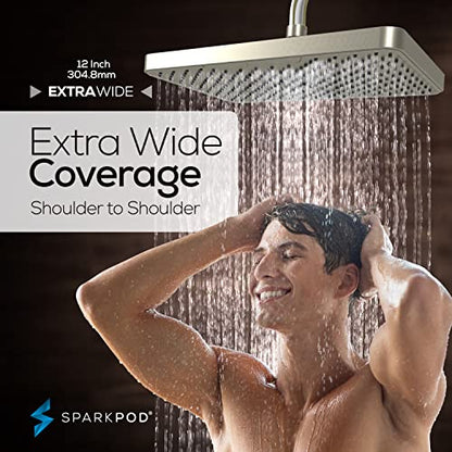 SparkPod 12 Inch Rectangle Rain Shower Head - Ceiling or Wall Mount Rainfall Shower Head - Large Coverage Showerhead - Brass Ball Joint with 360° Adjustment - 1-Min Install (Elegant Brushed Nickel) - color: 2 - Elegant Brushed Nickel 12 Inch Rectangle, st
