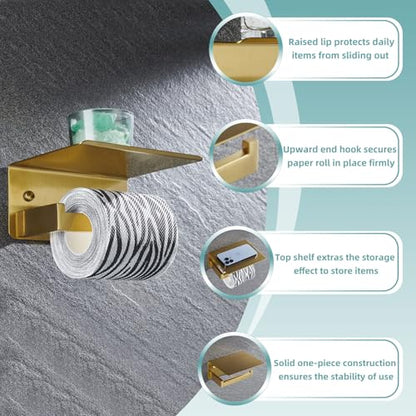 Brushed Dark Gold Toilet Paper Holder with Shelf, Wall Mounted | Rustproof 304 Stainless Steel, Functional Paper Roll and Phone Storage, Fits Bathroom, Restroom, Vanity, Kitchen - color: Brushed Dark Gold, size: Single Rod