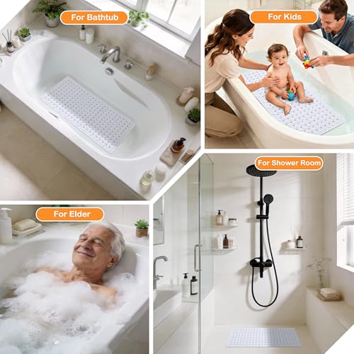 Yimobra Bathtub Mat Non Slip, 27.5"X15.5" Machine Washable Shower Floor Mat, Soft on Feet, Bathmat with Drain Holes and Suction Cups, Bathroom Essentials, White - color: White, size: 27.5 X 15.5 Inch
