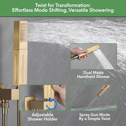 VANFOXLE Shower Faucet Set Brushed Gold Shower System, Push Button Diverter | 10 Inch Wall Mount Rain Head Increased Thick, 6 Inch Side Head, 2-in-1 Handheld Sprayer, Solid Brass Valve, Rust Resistant - color: Brushed Gold