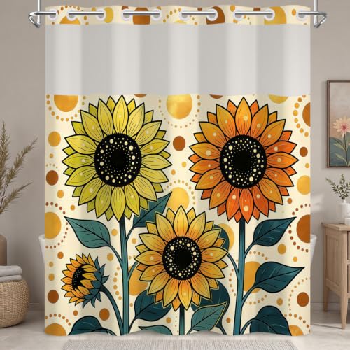 No Hook Sunflower Shower Curtain with Snap in Liner, 71x74 Inch | Mesh Top & Double Layer Waterproof Fabric Bath Tub Curtain, Cute Flower Botanical Pattern for Modern Farmhouse Bathroom Decor - color: Cartoon Sunflower