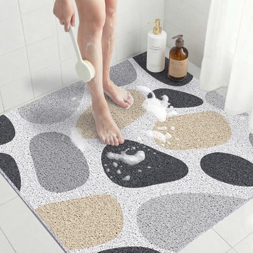Square Loofah Shower Mat Non Slip, 31"x31"- Extra Large Soft PVC Loofah Bath Mat for Bathroom, Quick Drying Foot Scrubber Mats for Inside Shower with Soft Comfort Textured Surface, Gray Stone - color: Gray Stone, size: 31" x 31" (Square)