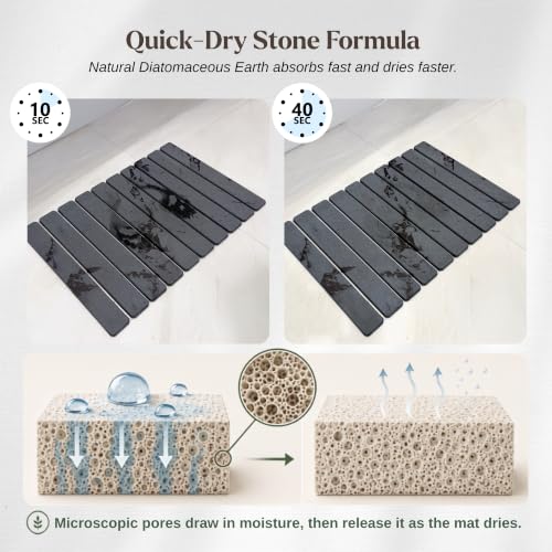 Foldable Stone Bath Mat, Diatomaceous Earth Quick Dry Non-Slip Design | Bathroom Floor & Shower Use, Jointed Panel Construction, High Absorption Surface, Space-Saving Storage, Grip Pad Included - color: Dark Gray