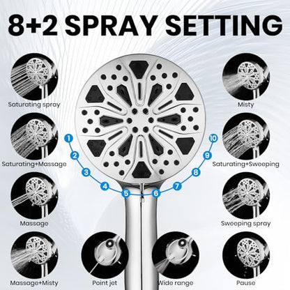 8 Inch High Pressure Rain Detachable Filtered Shower Head with Handheld Combo - 10 Spray Modes, Magnetic Docking, Power Jets, 11" Extension Arm & 60" Hose for Strong Water Flow