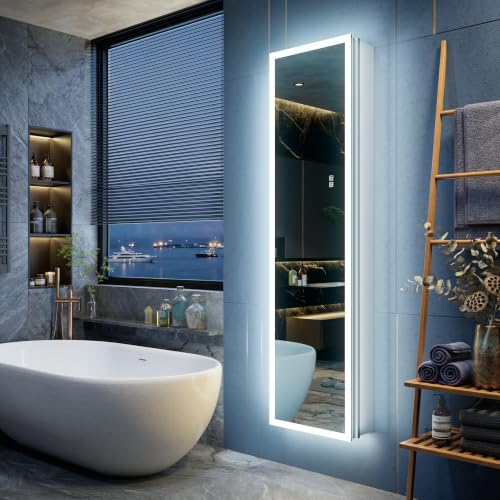 Surface or Recessed Backlit Medicine Cabinet Mirror 16x60 Inch Tall, Pre-Assembled Lighted Medicine Cabinet with 155° Soft-Close Hinge, Dimmable LED Mirror Cabinet with Outlet & Inner Light - size: 16x60'' (Left Hinge)