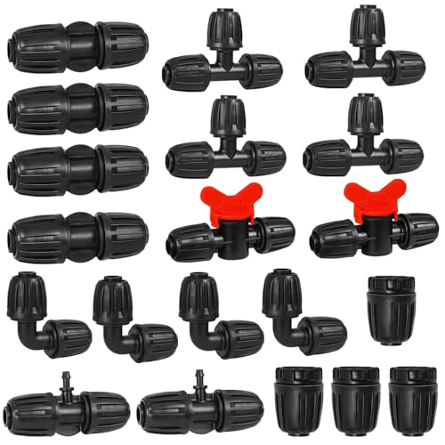 1/2 Inch Drip Tubing Irrigation Fittings Kit - 20 Pieces Set 1/2'' Drip Line Anti-Drop Barbed Lock Nut Connectors- 4 Couplings 4 Tees 4 Elbows 2 Valves 2 1/2'' to 1/4'' Reducers 4 Plugs - size: 1/2" Drip Fitting