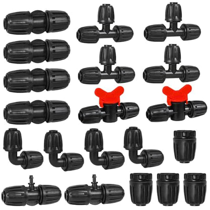 1/2 Inch Drip Tubing Irrigation Fittings Kit - 20 Pieces Set 1/2'' Drip Line Anti-Drop Barbed Lock Nut Connectors- 4 Couplings 4 Tees 4 Elbows 2 Valves 2 1/2'' to 1/4'' Reducers 4 Plugs - size: 1/2" Drip Fitting