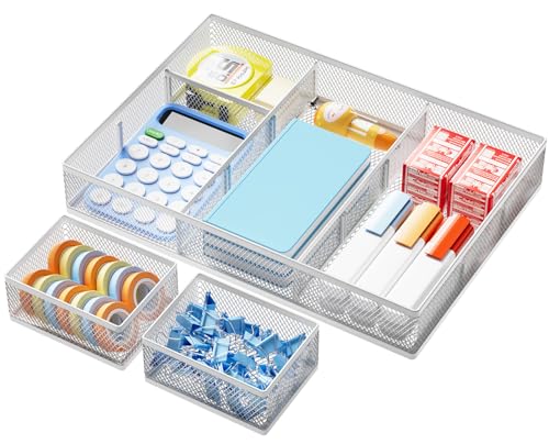 Marbrasse 3 Packs White Desk Drawer Organizers,Drawer Organizer Tray with 9 Adjustable Compartments,Junk Drawer for Makeup & Vanity, Office Desk Supplies and Accessories（White） - color: White