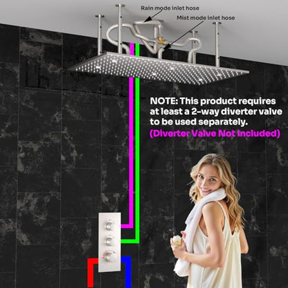 2-Functions Luxury High Pressure Rain Shower Head, 16"x32" Large Ceiling Full Body Shower Head with Silicone Nozzles Rectangle Mist Showerhead, Brushed Nickel Finish - color: Brushed Nickel, style: 2 Modes - Rainfall&Mist