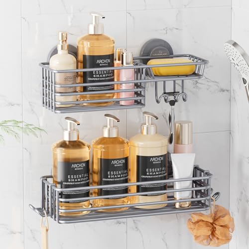 Shower Caddy Suction Cup, 2 Pack Shelves for Inside with Hooks | Grey Shower Storage, Soap Holder, Shampoo Holder, NO Drill Shower Holder, Rustproof Meatl Bathroom Basket - color: 2 X Grey