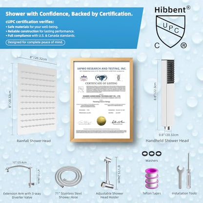 Hibbent All Metal CUPC Certified 8'' Rainfall Shower Head, Dual Shower Head Combo with 4 Handheld Sprays, High Pressure Shower Wand, 16'' Adjustable Extension Arm, 71'' Hose, Shower Holder, Chrome - color: Chrome, style: Square 8''