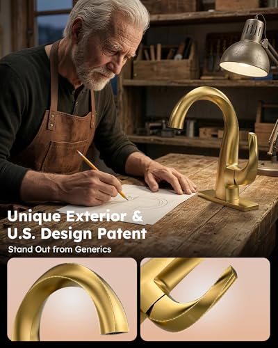 WOWOW Single Handle Bathroom Faucet 1 Hole High Arc Bathroom Basin Faucet Gold with Pop Up Drain, Solid Brass Commercial Bathroom Sink Faucet Basin Vanity Bar Faucet (Patented Product) - color: Gold