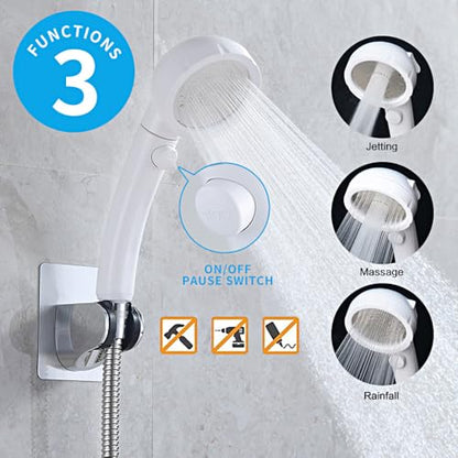 RV & Camper High Pressure Handheld Shower Head with Pause Button | 3 Spray Modes with ON/OFF Switch, Detachable Dog Shower Attachment, Drill-Free Pet Shower Wand with Bracket & Hose, White - color: White