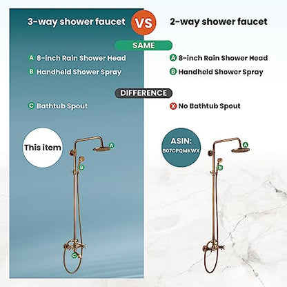 gotonovo Exposed Shower Faucet with Spout Antique Brass,Straight Pipe | Brass Bathroom Exposed Shower System,8’’ Rain Head,Swivel Tub Spout 2 Cross Handle,Adjustable Handheld Sprayer,Wall Mount - color: Antique Gold