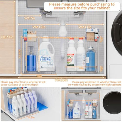 2 Pack 14.6″ Deep Pull Out Under Sink Organizer,12.8″ High 2 Tier Slide Out Cabinet Organizer for Kitchen Cabinet,Undersink Organizers,Under Sink Shelves,Bathroom Organizers and Storage,Clear - size: 12.8 In High