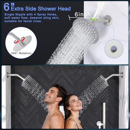 HOMEDEC 16inch Round Rain Shower Head System with Dual 6" Wall Shower Heads, 4 Way Diverter Valve with 2-Function Handheld Shower, Brushed Nickel - color: Brushed Nickel, style: 4-Way + 2x 6" Top (No Jets)
