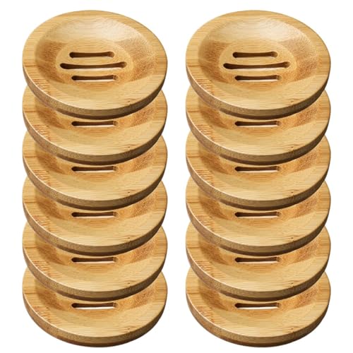 12 Pcs Round Bamboo Soap Dishes Self Draining Wooden Soap Holder Bar Soap Tray for Bathroom Kitchen Shower Sink